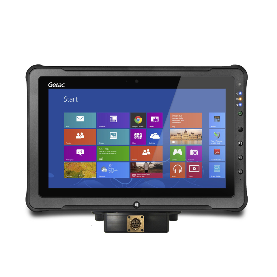 F110 tablet ruggedized all metal signal breakout housing with IO connector oriented forward viewed from the front