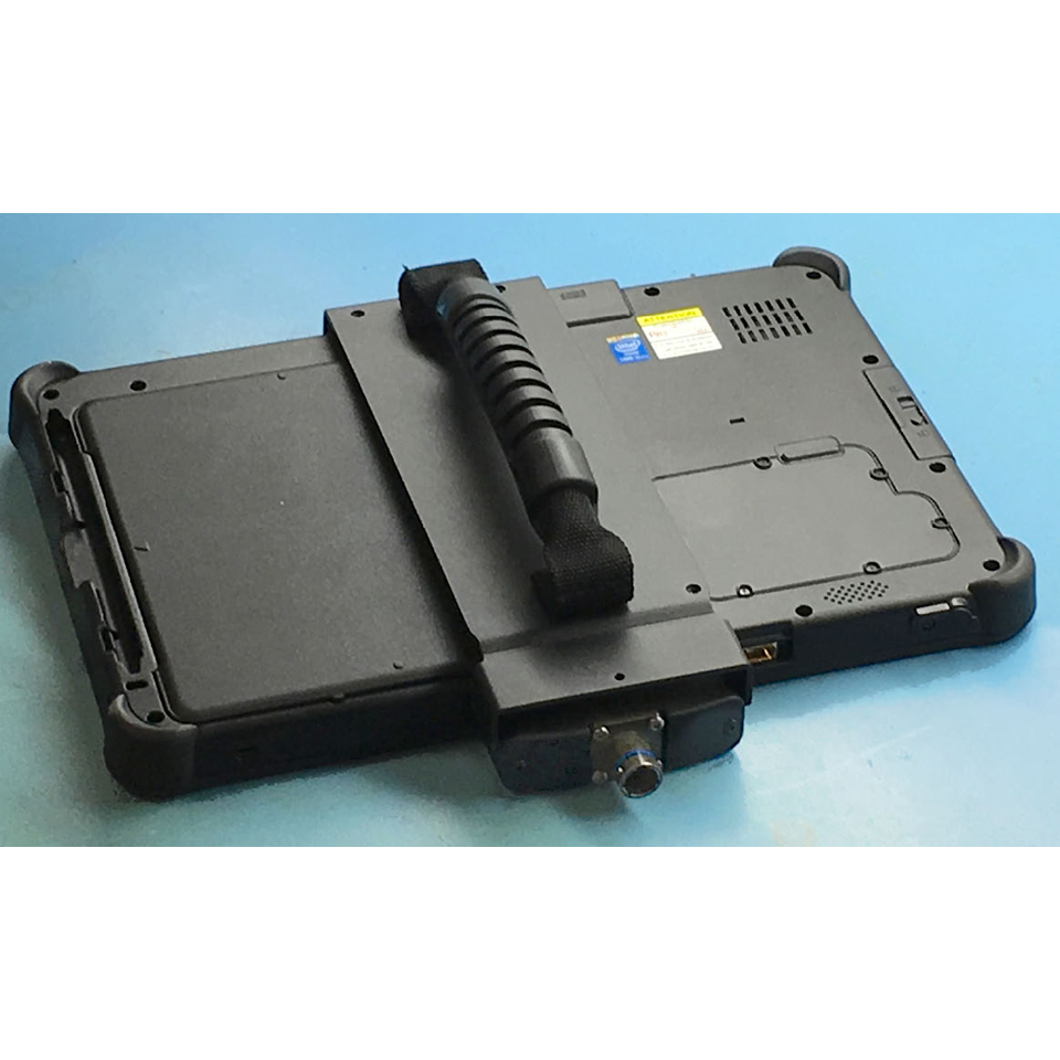 F110 tablet ruggedized all metal signal breakout housing and hand clamp with IO connector oriented downward viewed from the front