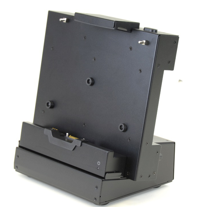 F110 tablet ruggedized all metal tabletop or bench-mounted dock with port replication right oblique view