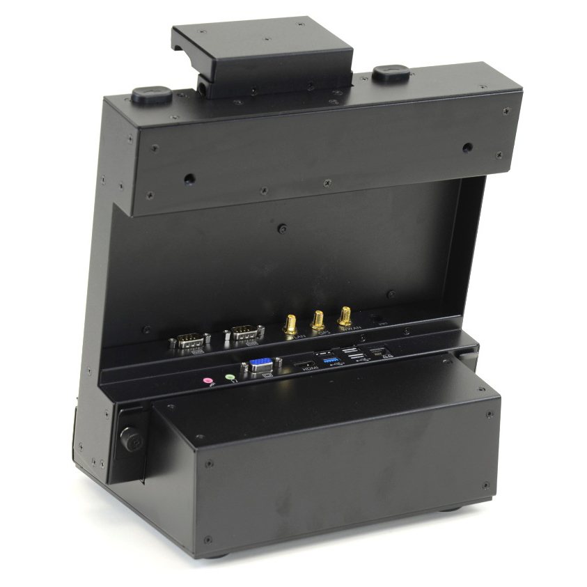 F110 tablet ruggedized all metaltabletop or bench-mounted dock showing I/O ports from rear