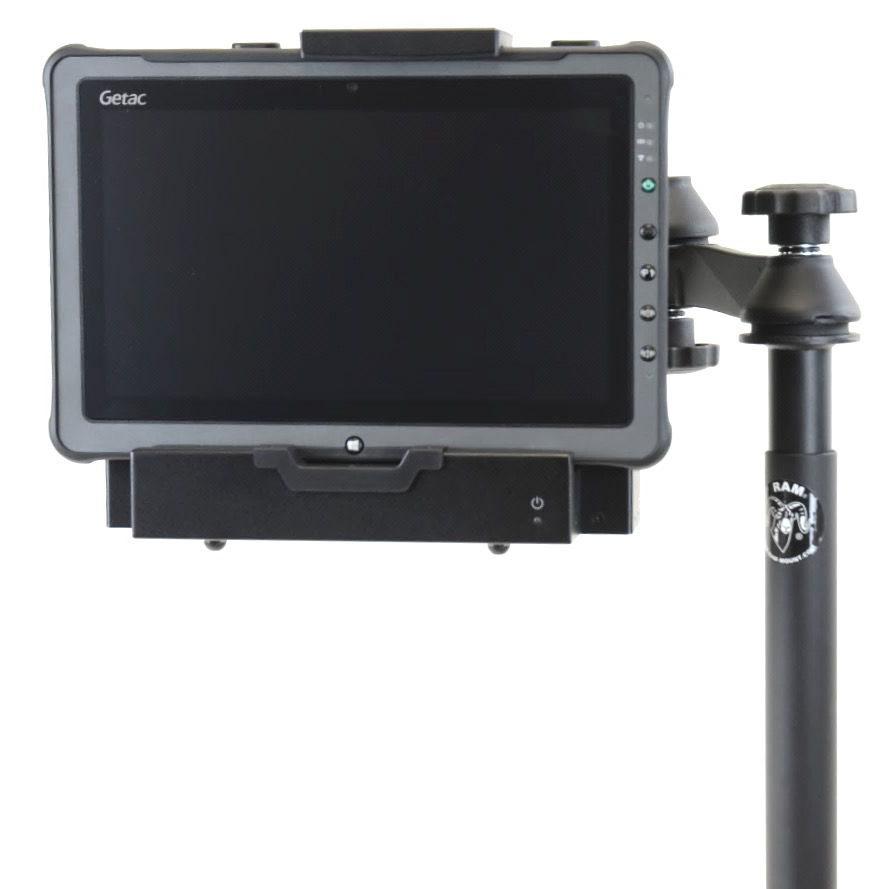 F110 tablet in telescoping ruggedized all metal wheeled vehicle mount frontview