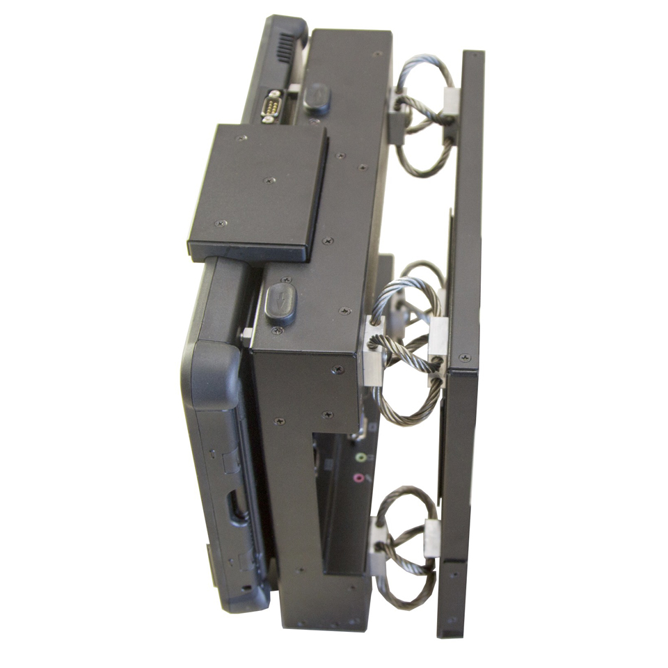 F110 tablet ruggedized all metal vibration isolated wheeled vehicle dock with port replication showing mounting plate from the side