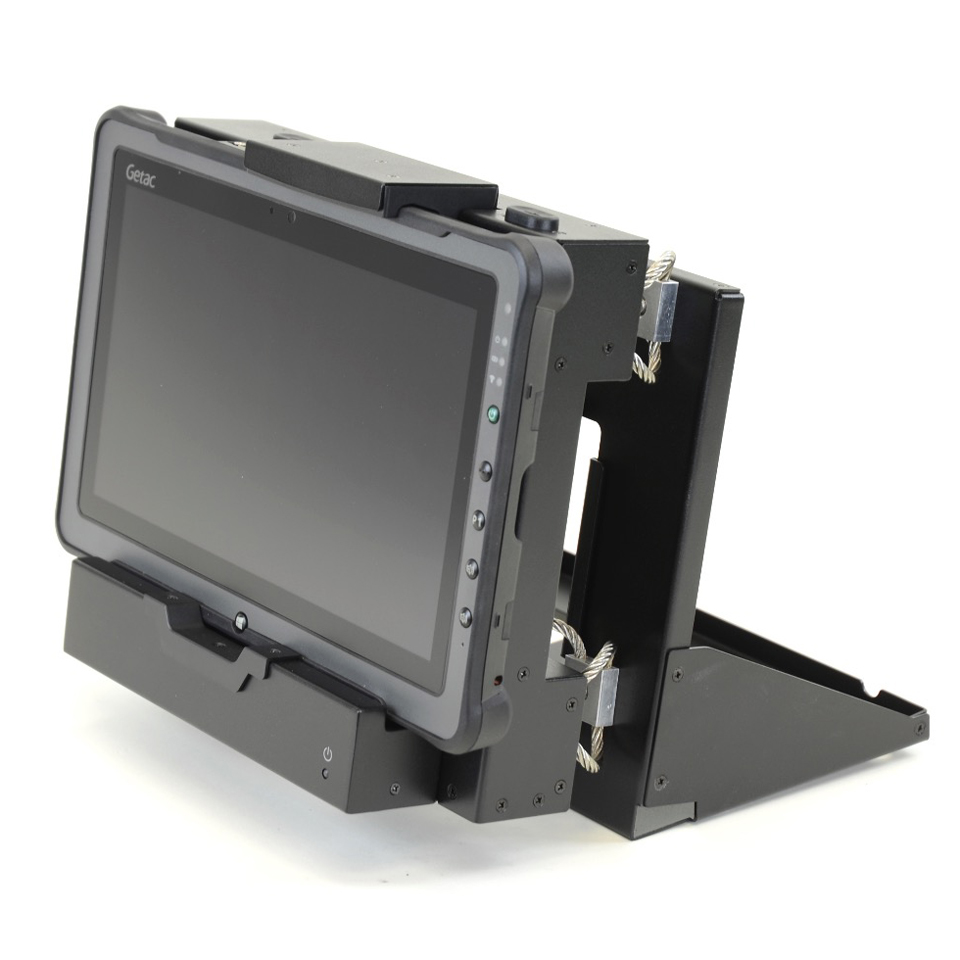 Rugged F110 tablet all metal vibration isolated tracked vehicle gun and howitzer dock with shock isolators and mount stand right front