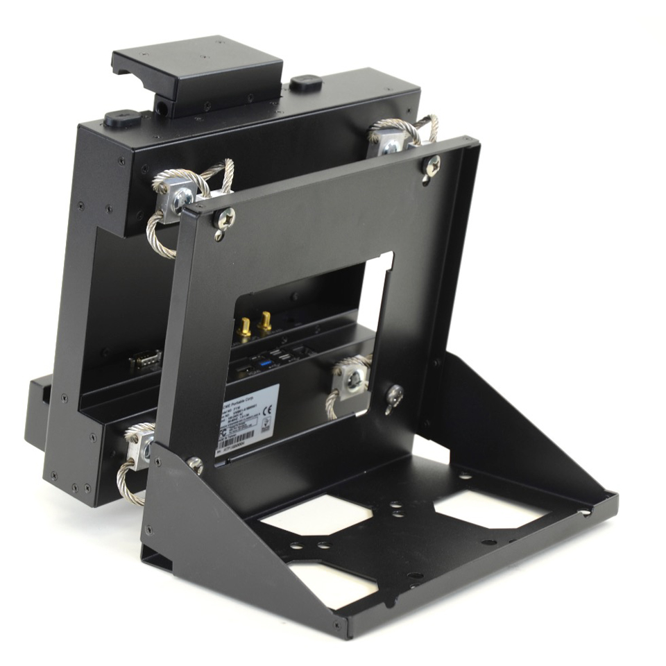 Rugged F110 tablet all metal vibration isolated tracked vehicle gun and howitzer dock with shock isolators and mount plate side view showing dampers and mount stand from the rear
