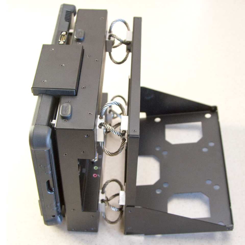 Rugged F110 tablet all metal vibration isolated tracked vehicle gun and howitzer dock with shock isolators and mount plate side view showing wire rope dampers and mount stand from the side