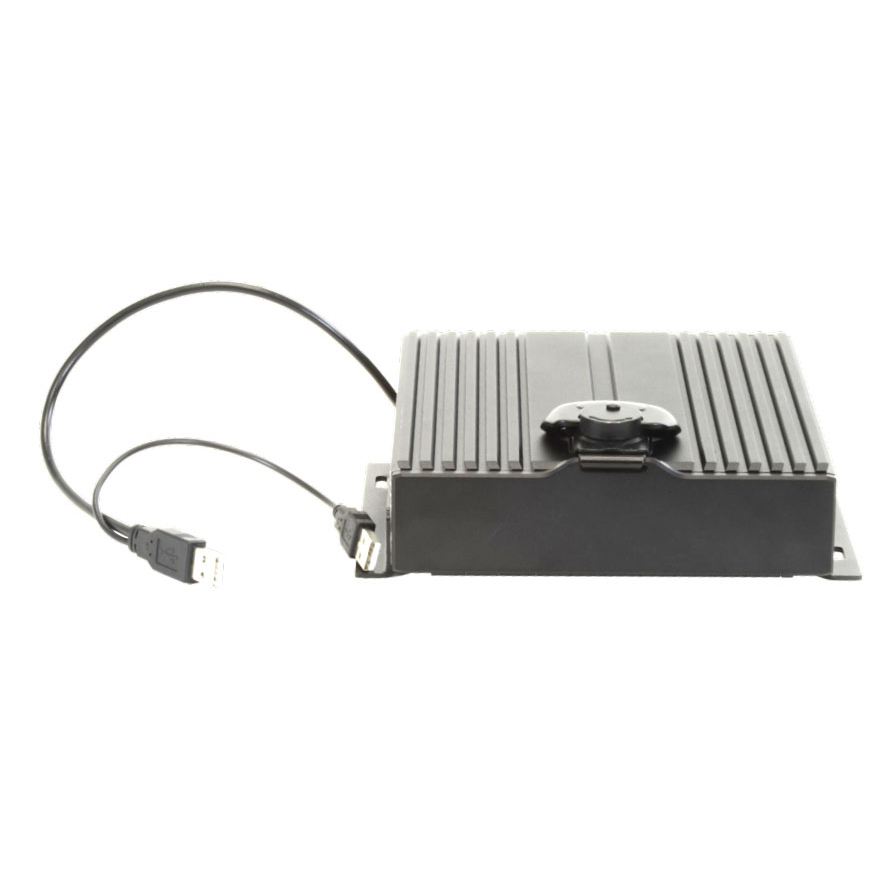 Ruggedized external DVD or Blu-ray drive housed in an IP65 waterproof enclosure compliant with MIL-STD-801G and MIL-STD-461F viewed from the front with the access door closed
