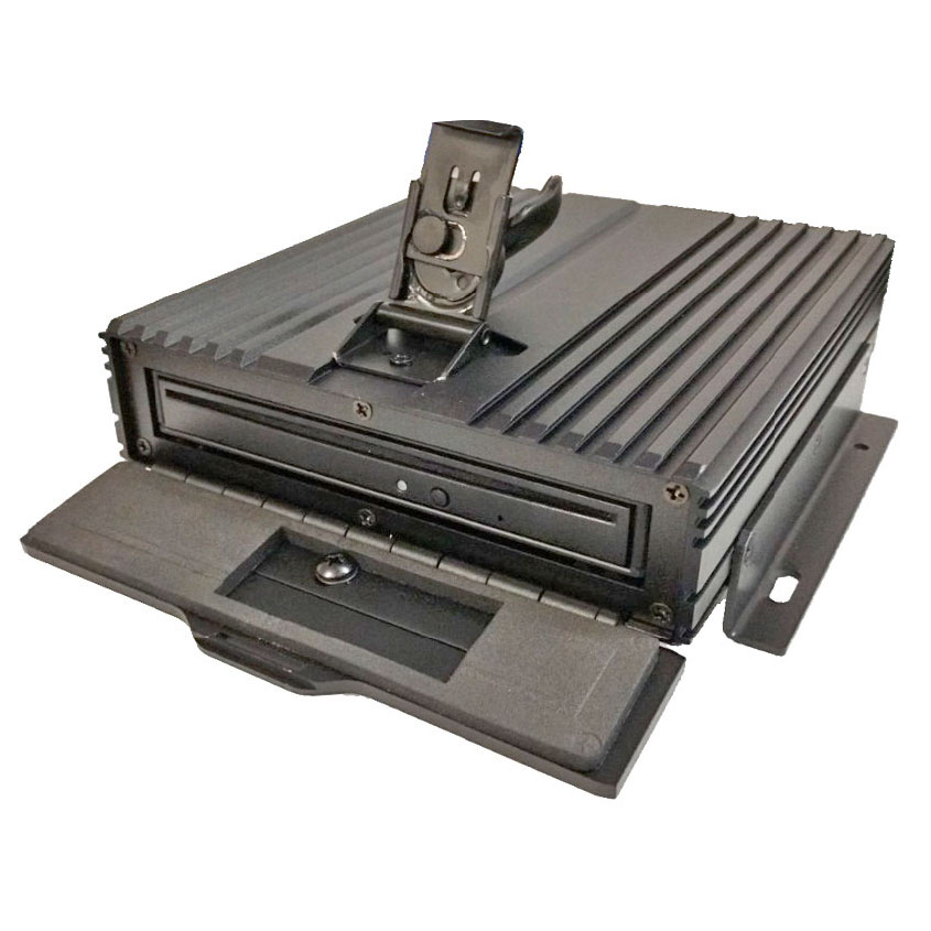 Ruggedized external DVD or Blu-ray drive housed in an IP65 waterproof enclosure compliant with MIL-STD-801G and MIL-STD-461F viewed from the right front with the access door open