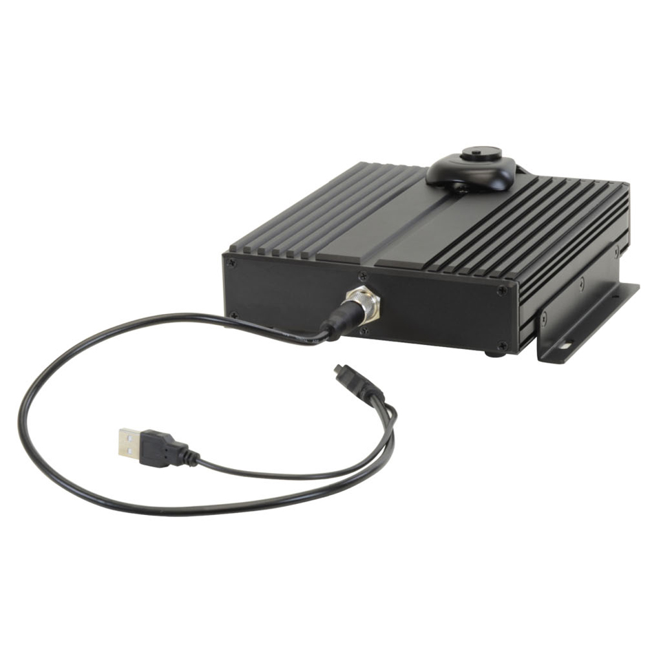 Ruggedized external DVD or Blu-ray drive housed in an IP65 waterproof enclosure compliant with MIL-STD-801G and MIL-STD-461F viewed from the rear showing the IO cable attached