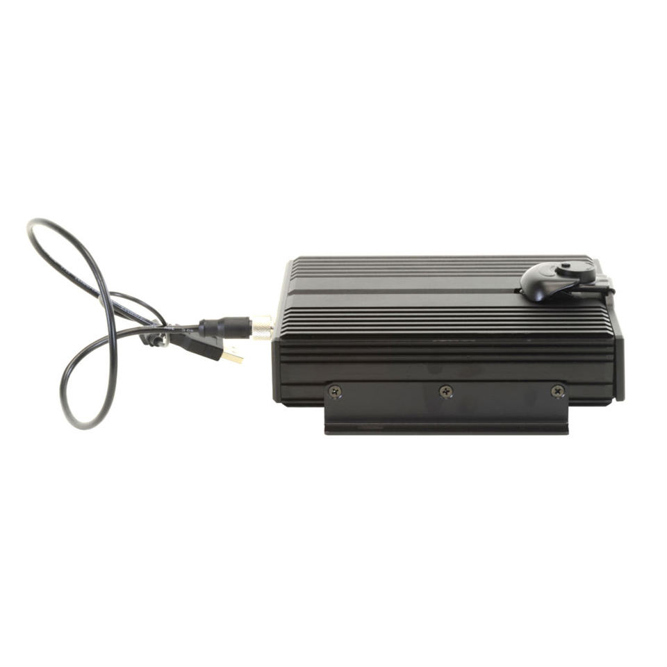 Ruggedized external DVD or Blu-ray drive housed in an IP65 waterproof enclosure compliant with MIL-STD-801G and MIL-STD-461F viewed from the side showing the IO cable attached and access door latched