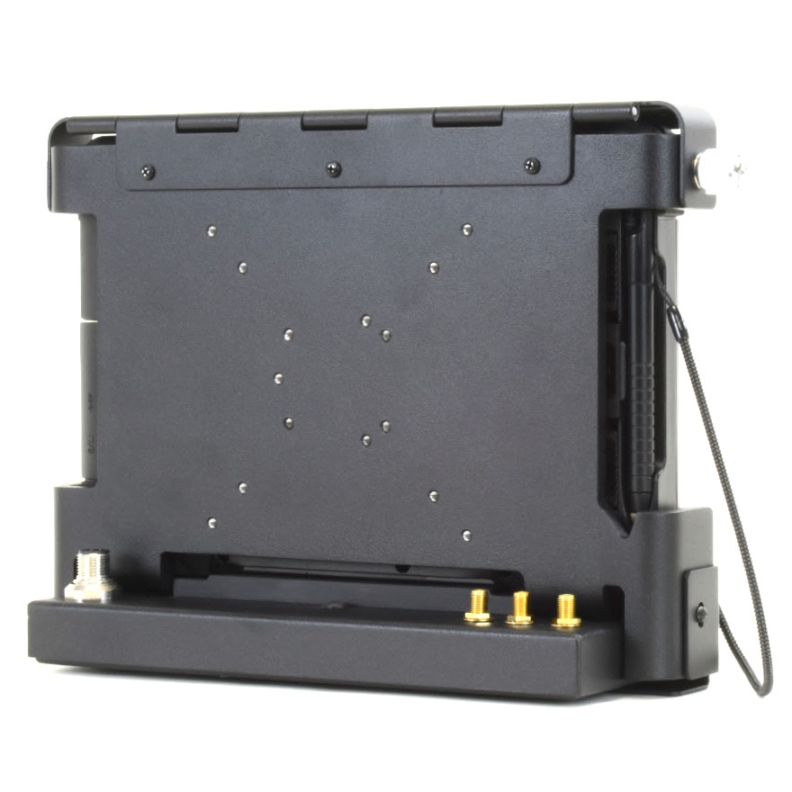 Rugged T800 tablet installed in port replicating vehicle dock showing IO connectors viewed from the left rear