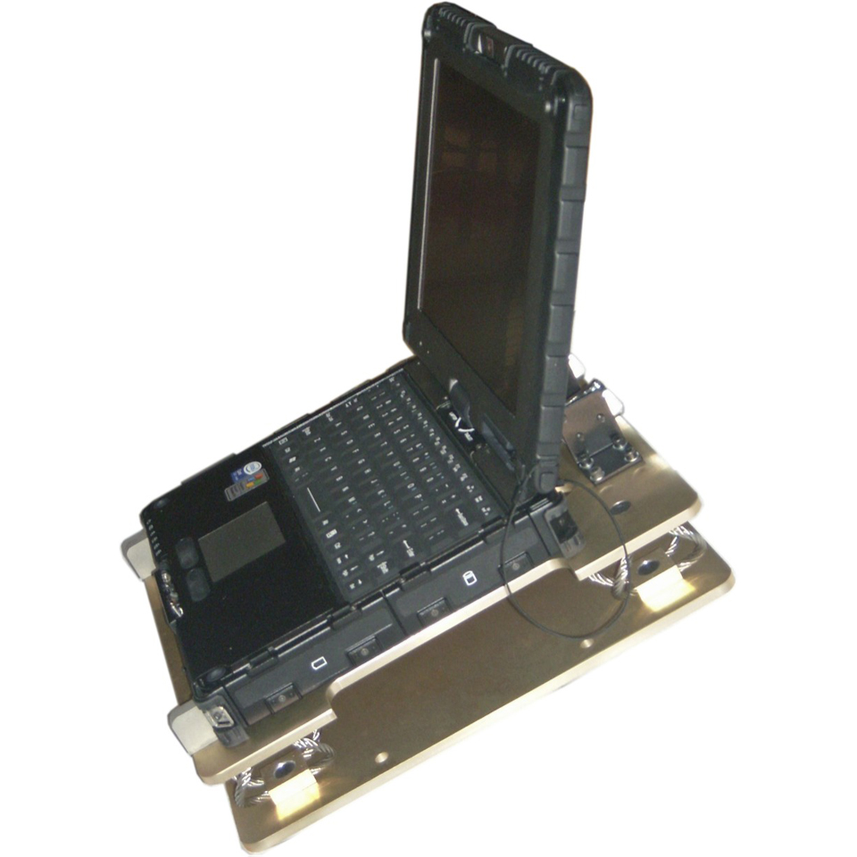 Ruggedized V110 notebook tracked vehicle mount from the front left