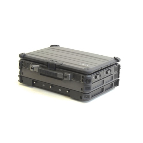 X500 triple high laptop with rear 38999 MILBOX and aluminum olive drab receptacles with caps installed and IO conversion
