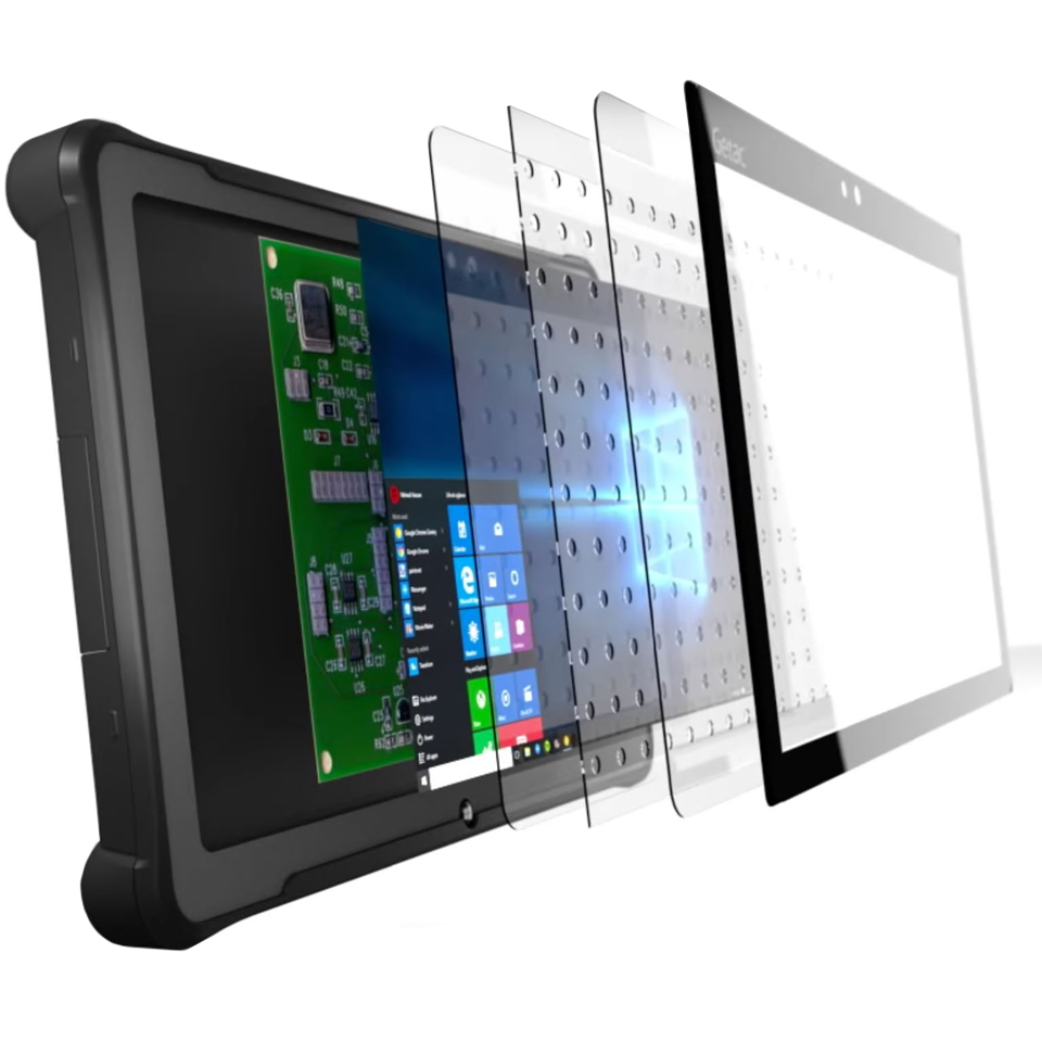 Rugged F110 tablet integrated optically bonded NVIS filter showing TFT display bonding layers