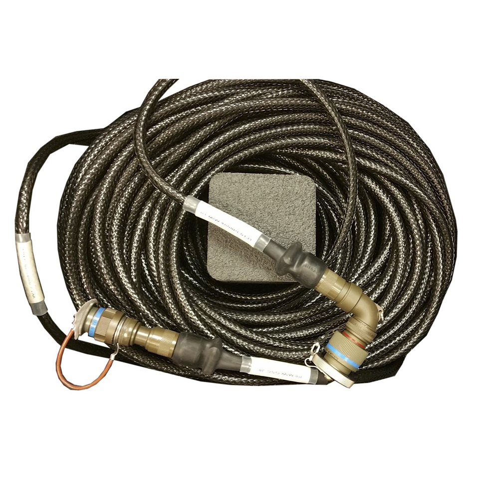 200’ armored shielded interface cable coiled for installation in transit case with MIL-D-38999 straight plug and right angle plug