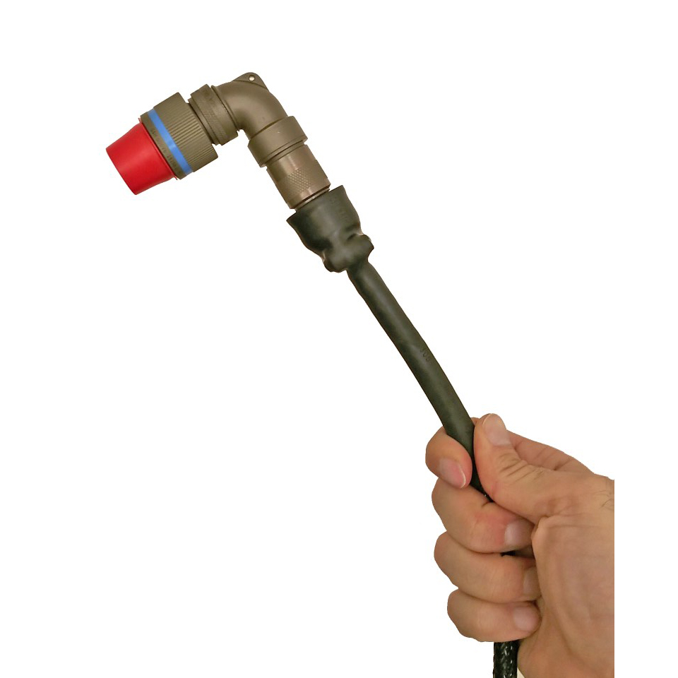 Armored shielded interface cable with MIL-D-38999 right angle plug close-up
