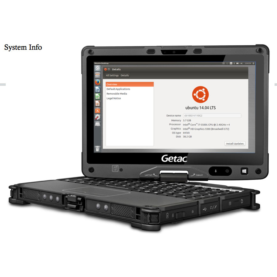 V110 notebook with dual boot Windows and LINUX operating systems showing Linux system information screen