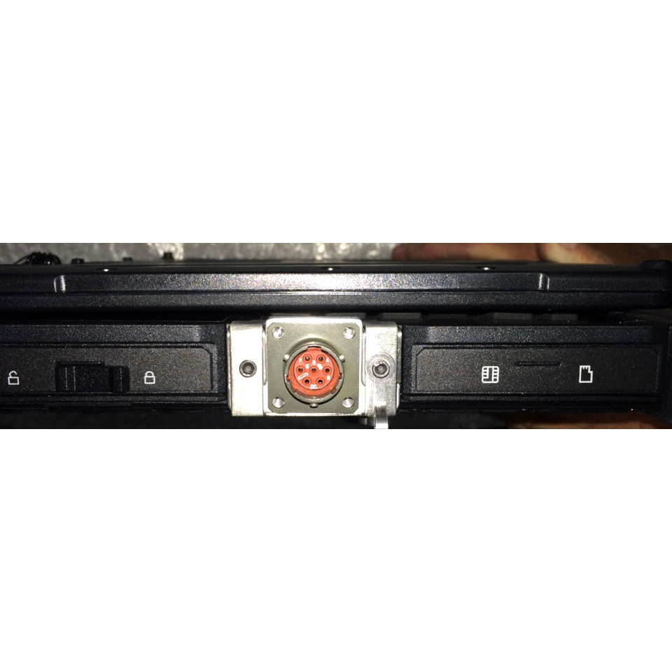 Rugged V110 notebook showing MIL-D-38999 receptacle for power and Ethernet interfaces installed on the right side