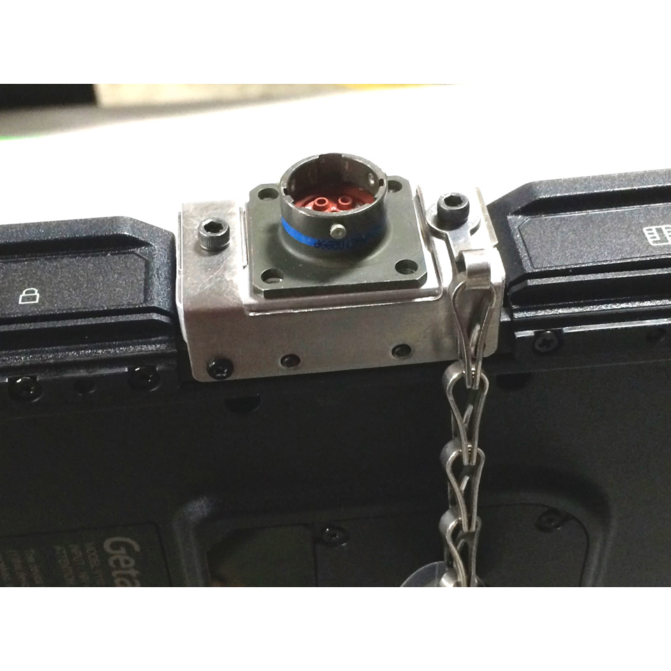 Rugged V110 notebook showing MIL-D-38999 receptacle for power and Ethernet interfaces installed on the right side viewed from the bottom