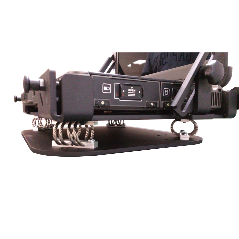 X500 laptop installed in isolated all metal wheeled vehicle mount showing dampers and mounting plate viewed from the right side
