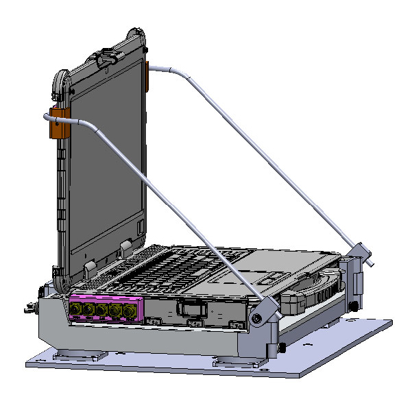 X500 laptop installed in isolated all metal aircraft mount showing display support arms viewed from the left side for use in fixed and rotary wing air vehicles as well as wheeled and tracked vehicles
