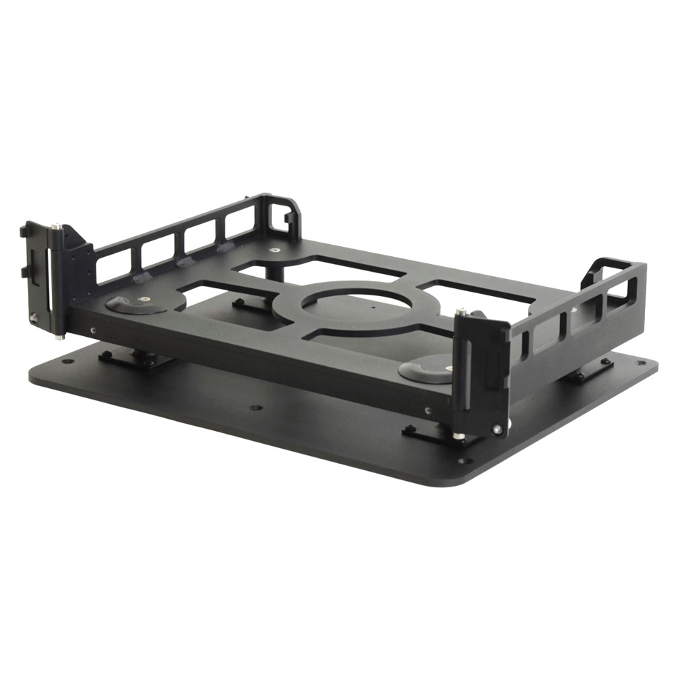 X500 laptop isolated all metal aircraft mount showing dampers and mounting plate viewed from the right side for use in fixed and rotary wing air vehicles right oblique view