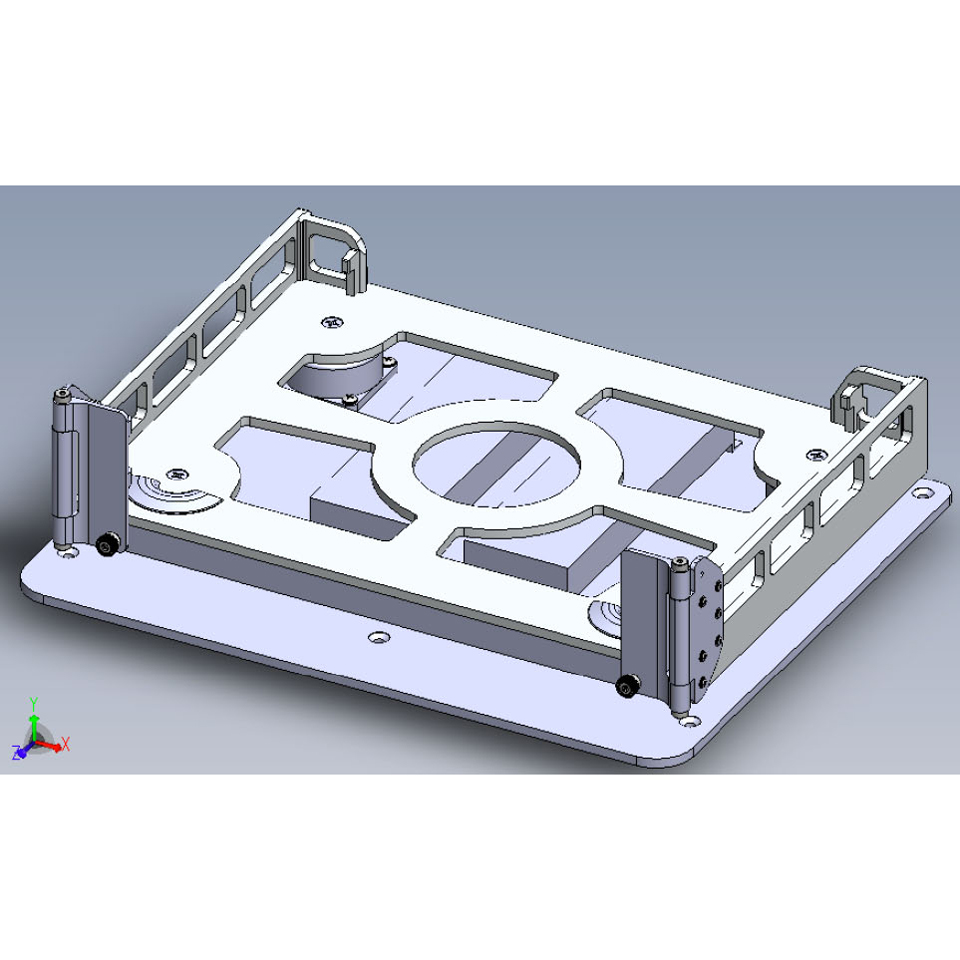Rendering of X500 laptop isolated all metal aircraft mount showing dampers and mounting plate viewed from the right side for use in fixed and rotary wing air vehicles