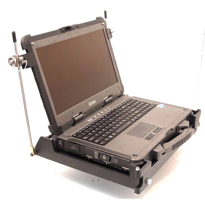 X500 laptop installed in its MIL-S-901D mount qualified under the classification: Lightweight Test, Grade B, Class I, Type A viewed from the left front