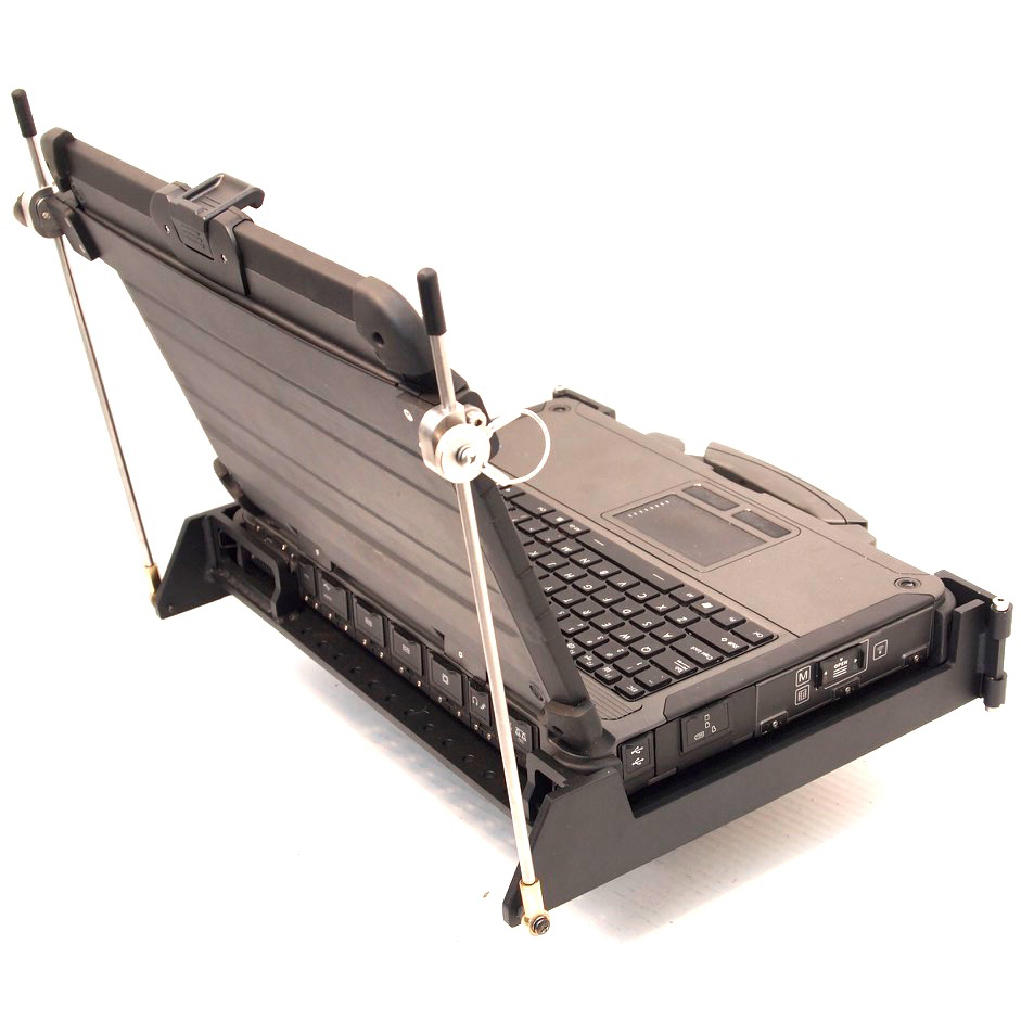 X500 laptop installed in its MIL-S-901D mount qualified under the classification: Lightweight Test, Grade B, Class I, Type A viewed from the left rear and showing the display support arms