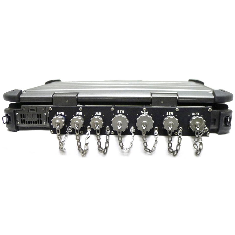 X500 laptop single high rear 38999 MILBOX with stainless steel receptacles with caps installed and full IO conversion