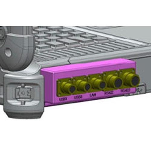 X500 laptop single high side MILBOX with Glenair Mighty Mouse receptacles showing added IO of USB, LAN and RS422